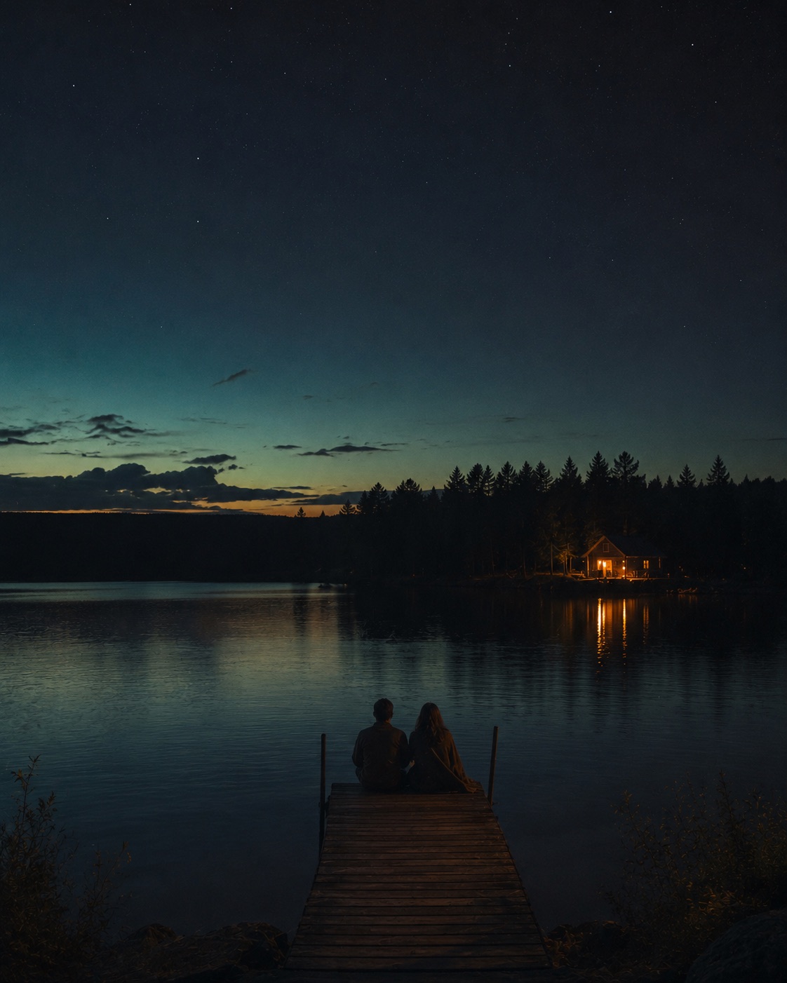 A couple sitting at the end of a lake dock at dusk, a cabin light glowing across the water