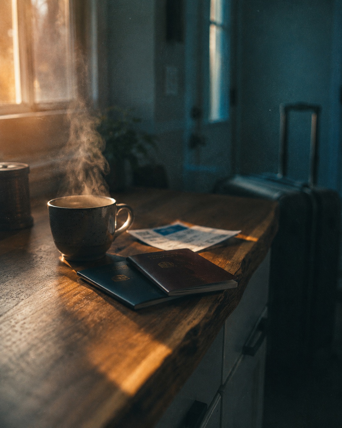 Two passports beside a steaming coffee on a kitchen counter in early morning light